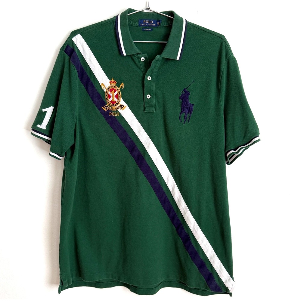 Polo Ralph Lauren Green Classic Fit Polo Shirt XL Crest Diagonal Stripe‎